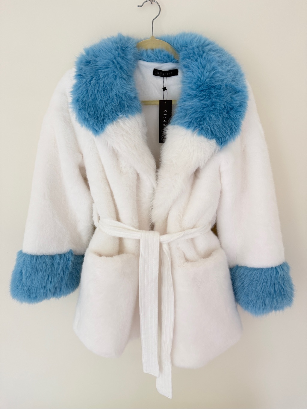 White Faux Fur Teddy Coat With Sky Blue Trim
